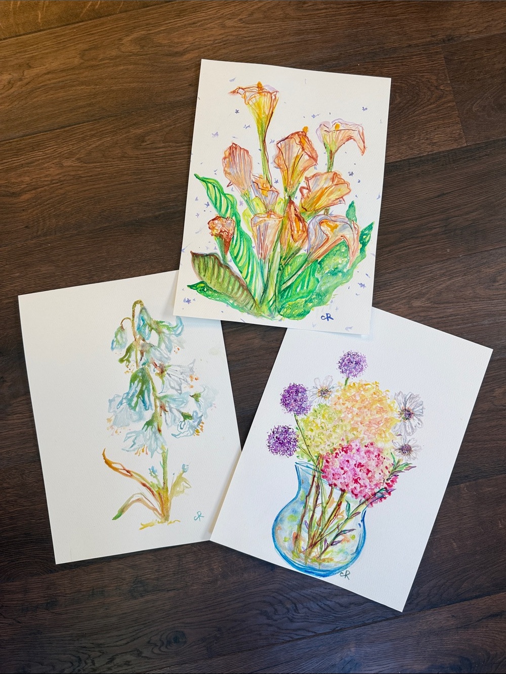 Original Watercolor Calla Lily Floral Art Print in Orange and Green